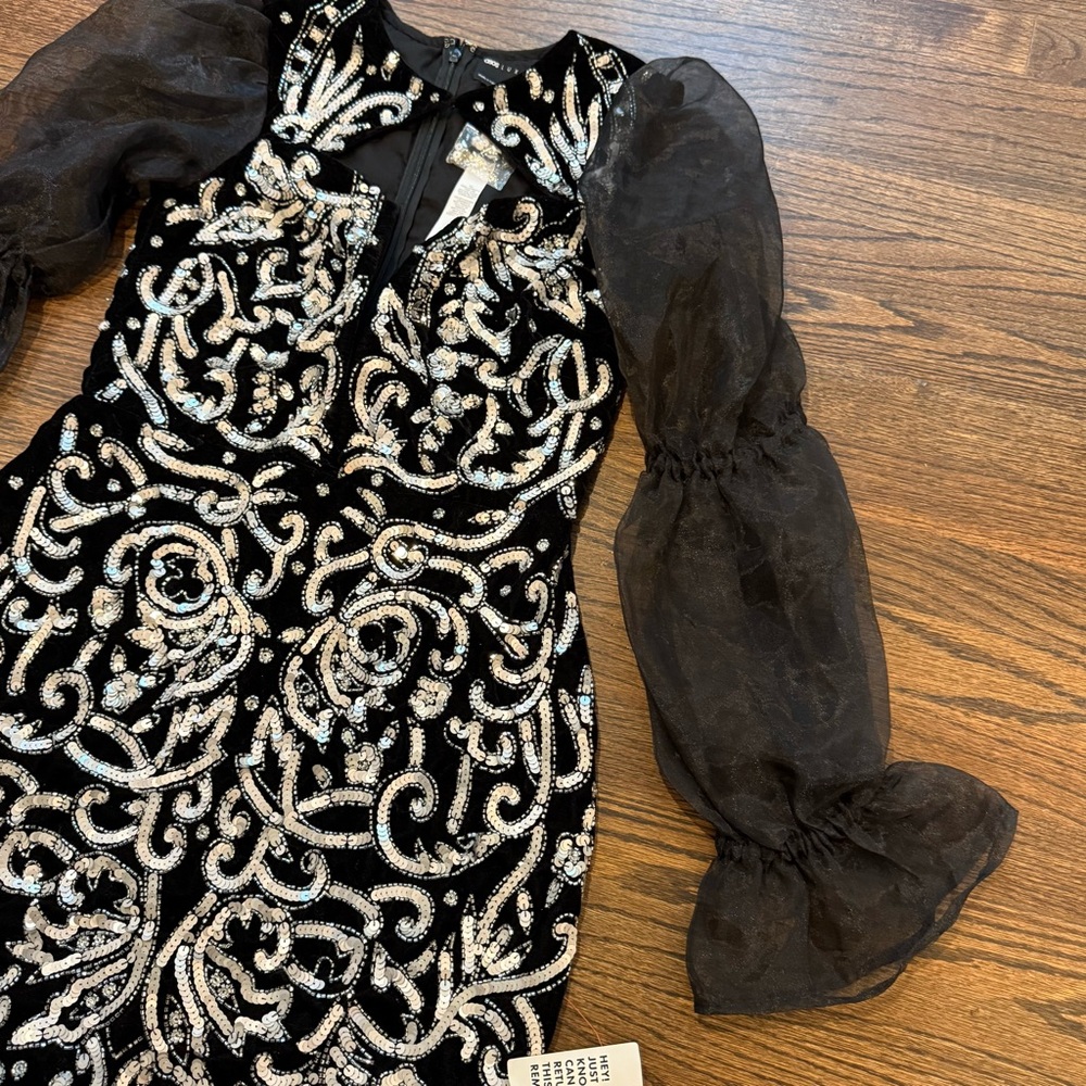 ASOS LUXE Keyhole Plunge Embellished Mini Dress with Sheer Bishop Sleeves NWT - Picture 4 of 15